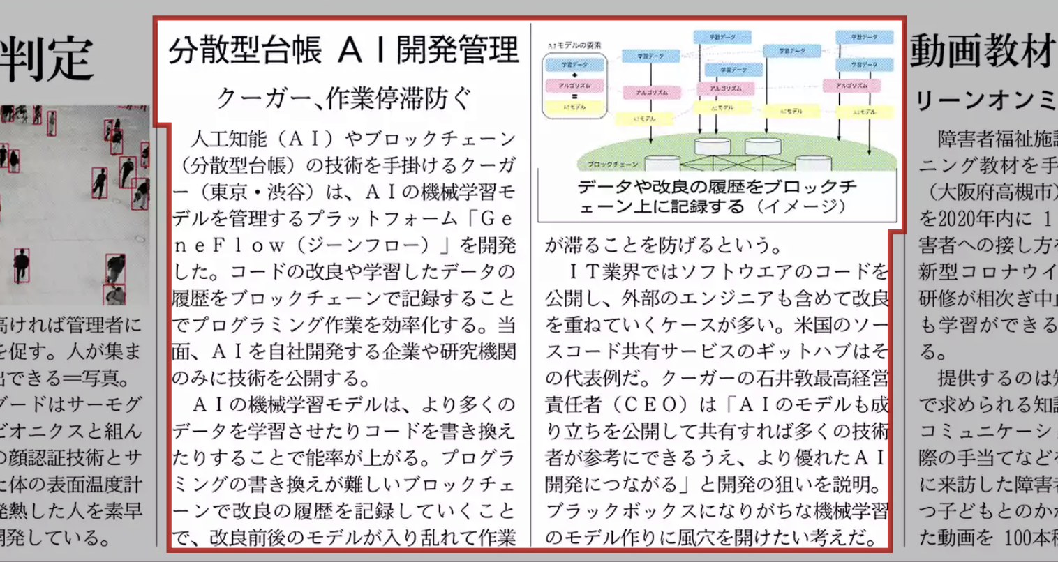 Nikkei Sangyo Shimbun featured the beta version of "GeneFlow," an AI model management platform utilizing blockchain
